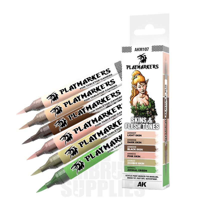 AK Interactive Playmarkers Set - Skin & Flesh Tones six paint pens for diverse skin color effects on miniatures.