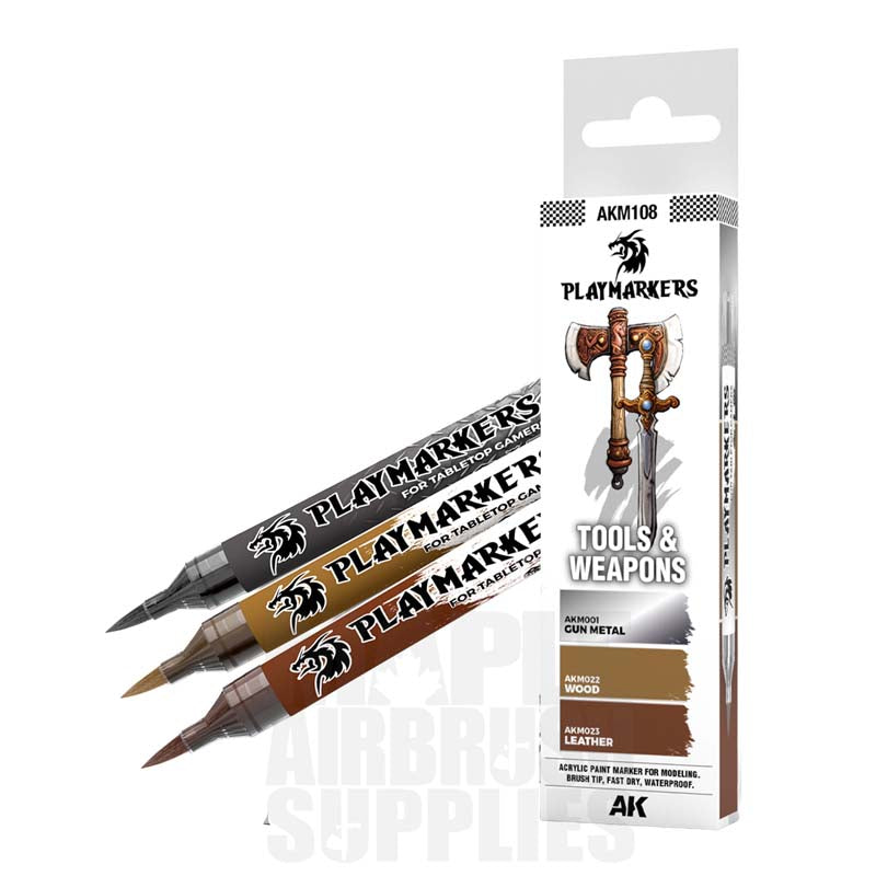 AK Interactive Playmarkers Set - Tools & Weapons paint pens displaying three colors for miniatures painting.