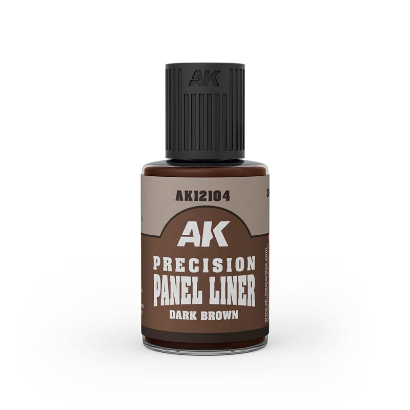 AK Interactive Precision Panel Liner Dark Brown 30ml enamel wash bottle for scale model detailing, natural shading, and weathering