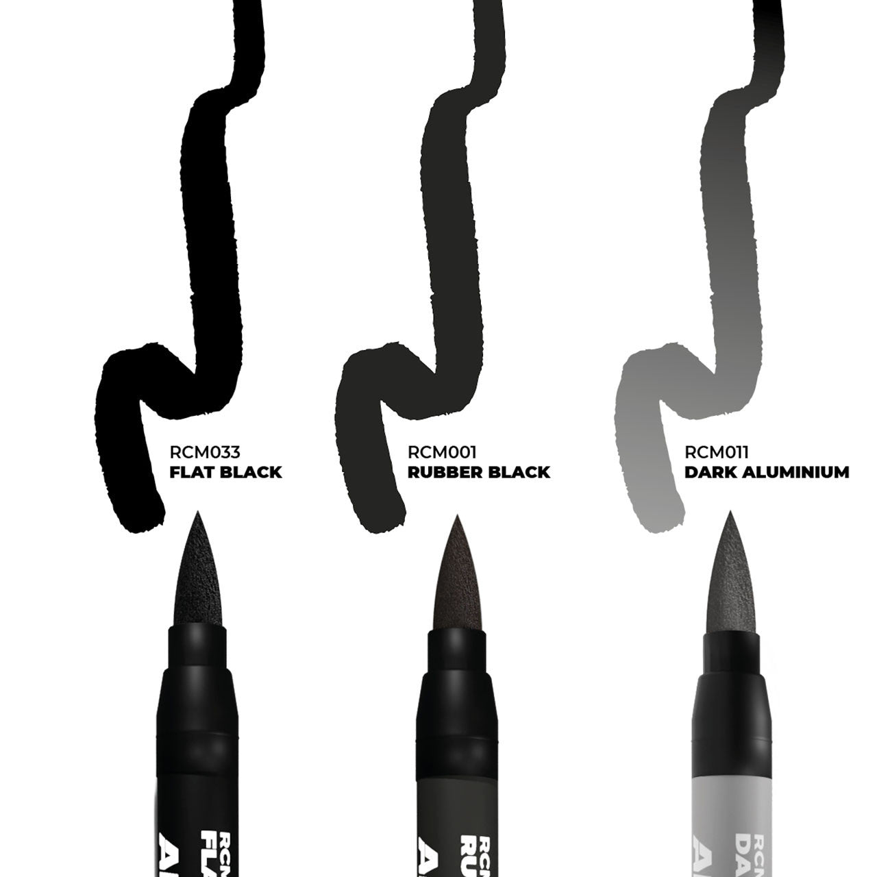 AK Interactive Real Colors Markers Wheels Set featuring Flat Black, Rubber Black, and Dark Aluminium marker strokes