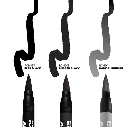 AK Interactive Real Colors Markers Wheels Set featuring Flat Black, Rubber Black, and Dark Aluminium marker strokes