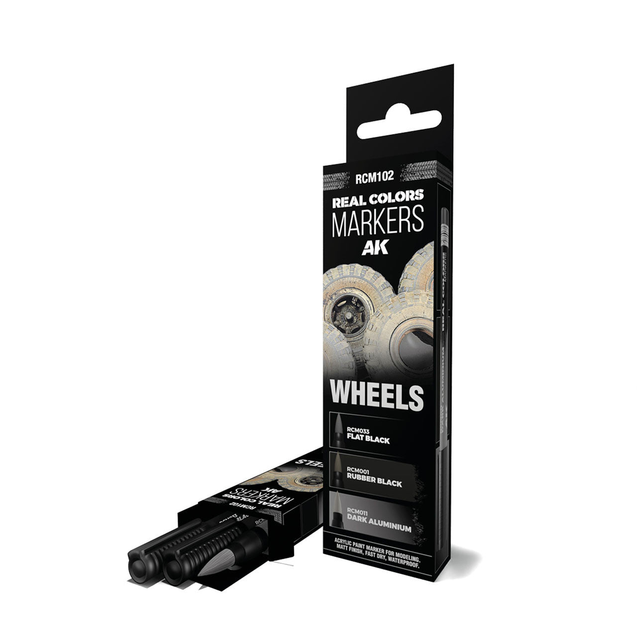 AK Interactive Real Colors Markers Wheels Set with three markers in flat black, rubber black, and dark aluminum colors.
