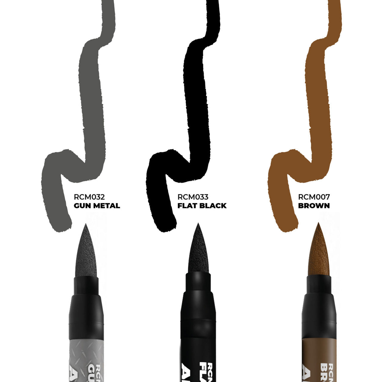 AK Interactive Real Colors Markers Weapons Set with Gun Metal, Flat Black, and Brown colors for realistic model painting.