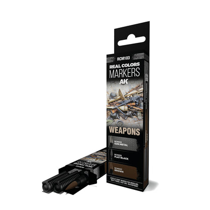 AK Interactive Real Colors Markers Weapons Set with three markers in gun metal, flat black, and brown colors.