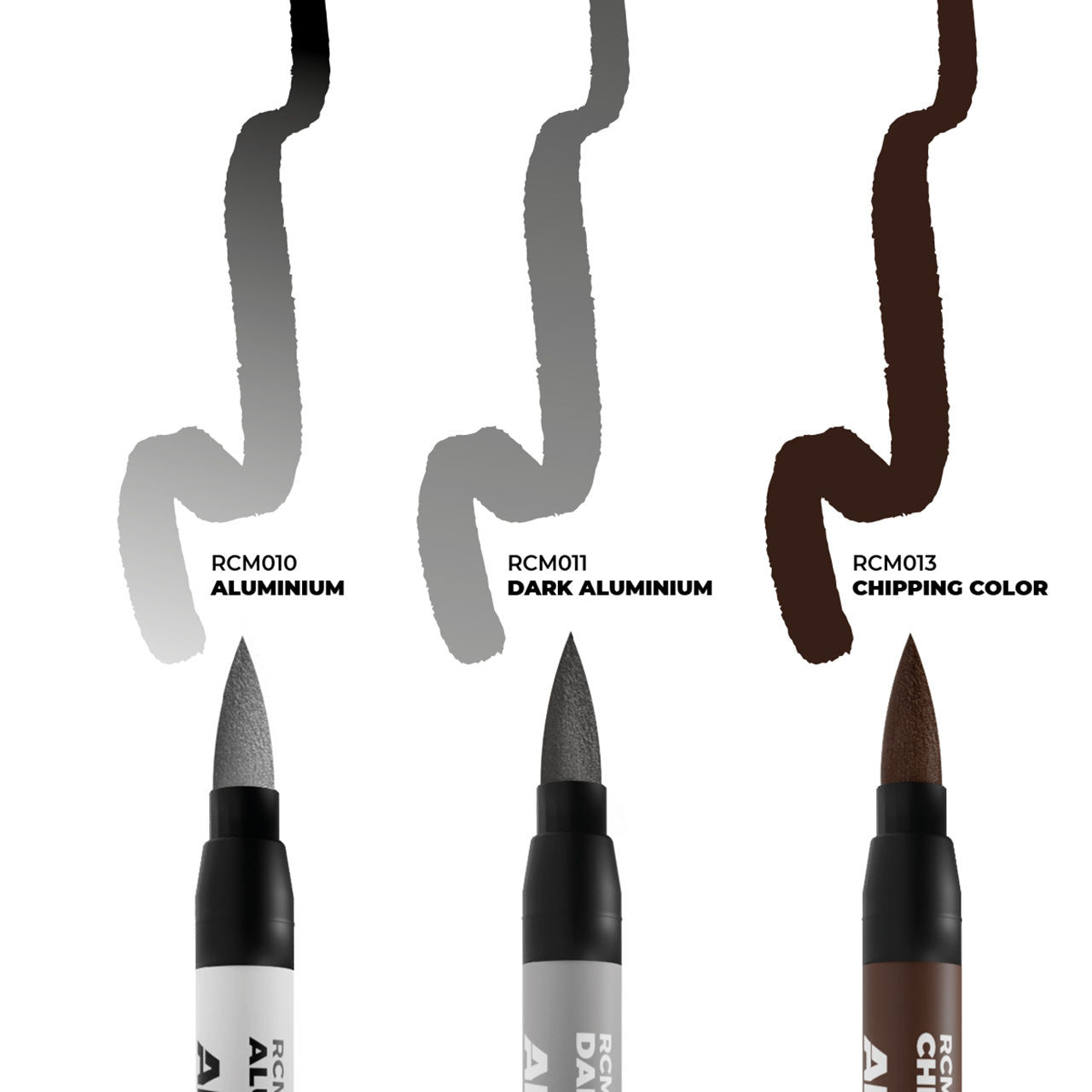 AK Interactive Real Colors Markers Chipping Set showing Aluminum, Dark Aluminium, and Chipping Color shades on white background.