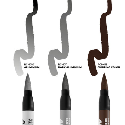 AK Interactive Real Colors Markers Chipping Set showing Aluminum, Dark Aluminium, and Chipping Color shades on white background.