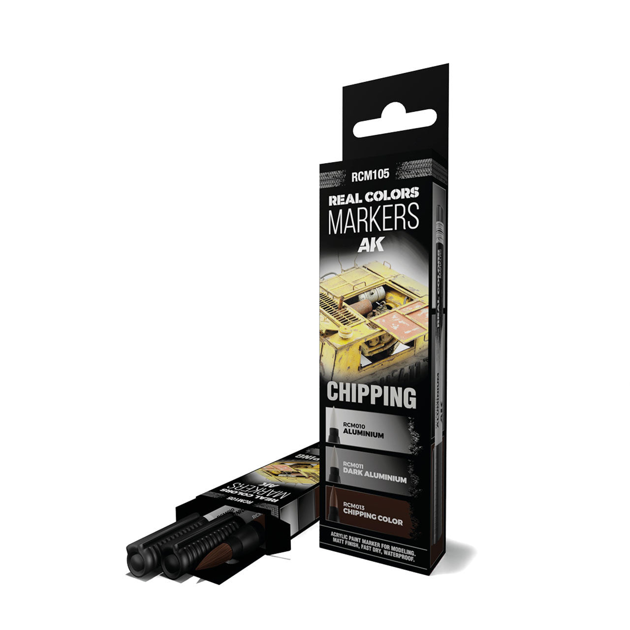 AK Interactive Real Colors Markers Chipping Set with three markers for realistic weathering and paint chipping effects.