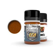 AK Medium Rust pigment bottle with fine rust ochre powders for realistic weathering effects in modeling projects.