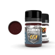 AK Track Rust pigment bottle showing fine rust-colored powder for realistic modeling effects by AK Interactive.