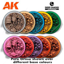 AK Deep Shades Pure Grime 35ml wash highlighting detailed model crevices over various base colors for wargaming.