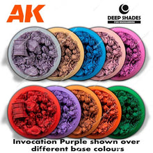 AK Deep Shades Invocation Purple wash enhancing model details by highlighting crevices over various base colors for wargaming.