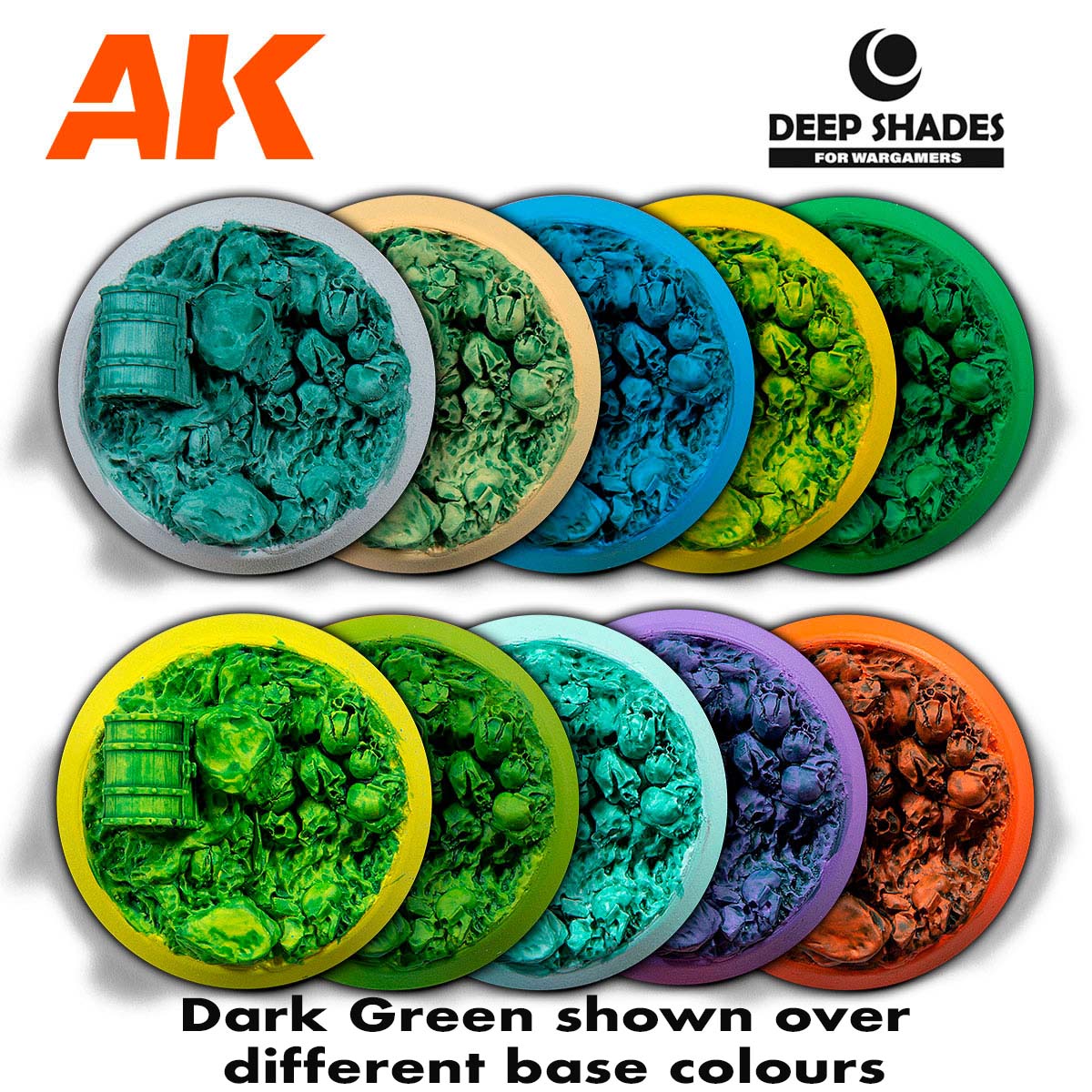 AK Deep Shades Green dark showing concentrated wash effect on detailed model surfaces over varied base colors for wargaming.