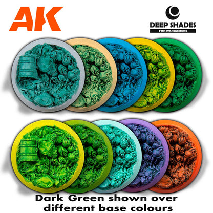 AK Deep Shades Green dark showing concentrated wash effect on detailed model surfaces over varied base colors for wargaming.
