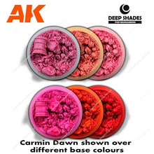 AK Deep Shades Carmine Dawn 35ml washing showing concentrated paint effects on various base colors for detailed modeling.
