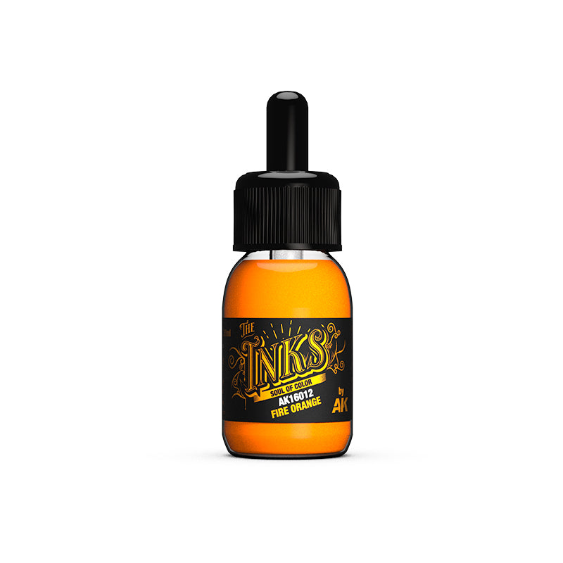 AK 3rd Gen The INKS Fire Orange vibrant acrylic ink with high gloss, saturation, and durability for model figures.
