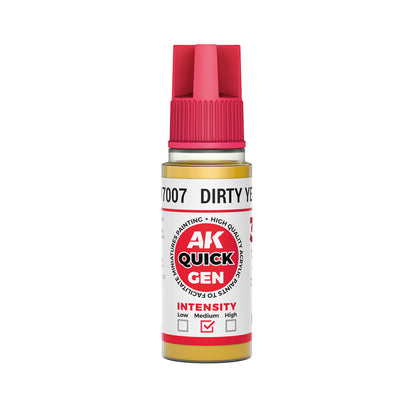 AK Interactive Quick Gen Dirty Yellow paint bottle in 18ml for weathered terrain and grimdark fantasy effects.