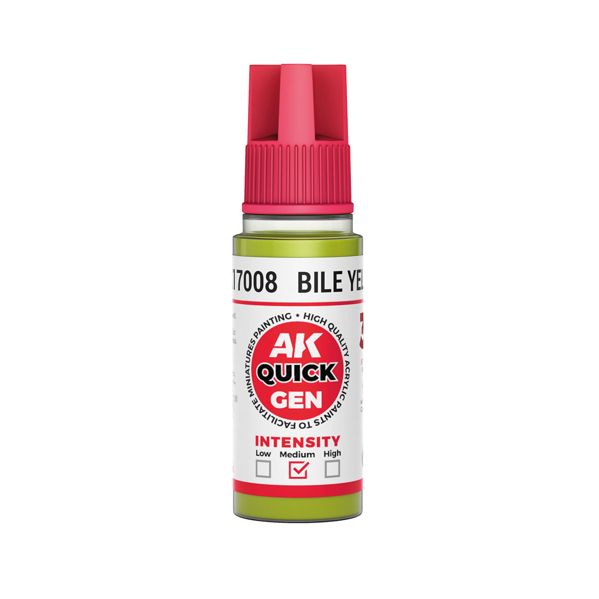 AK Interactive Quick Gen Bile Yellow contrast paint in 18ml bottle for diseased, toxic, and swamp miniature effects.