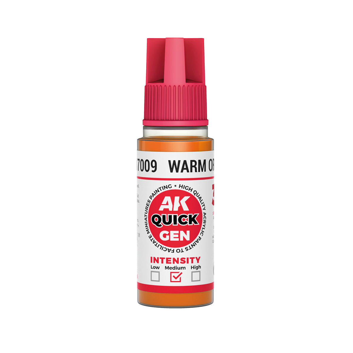 AK Interactive Quick Gen Warm Orange 18ml bottle paint for vibrant fantasy effects and easy layering with airbrush or brush.