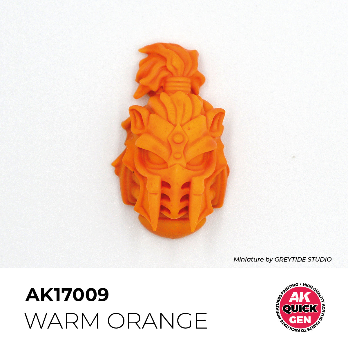 AK Interactive Quick Gen Warm Orange miniature helmet painted in vibrant orange for fantasy and fire effects.