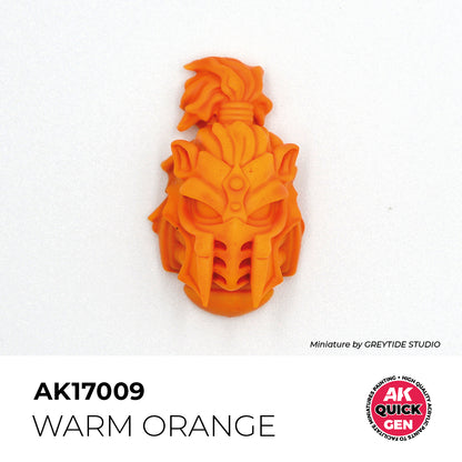AK Interactive Quick Gen Warm Orange miniature helmet painted in vibrant orange for fantasy and fire effects.