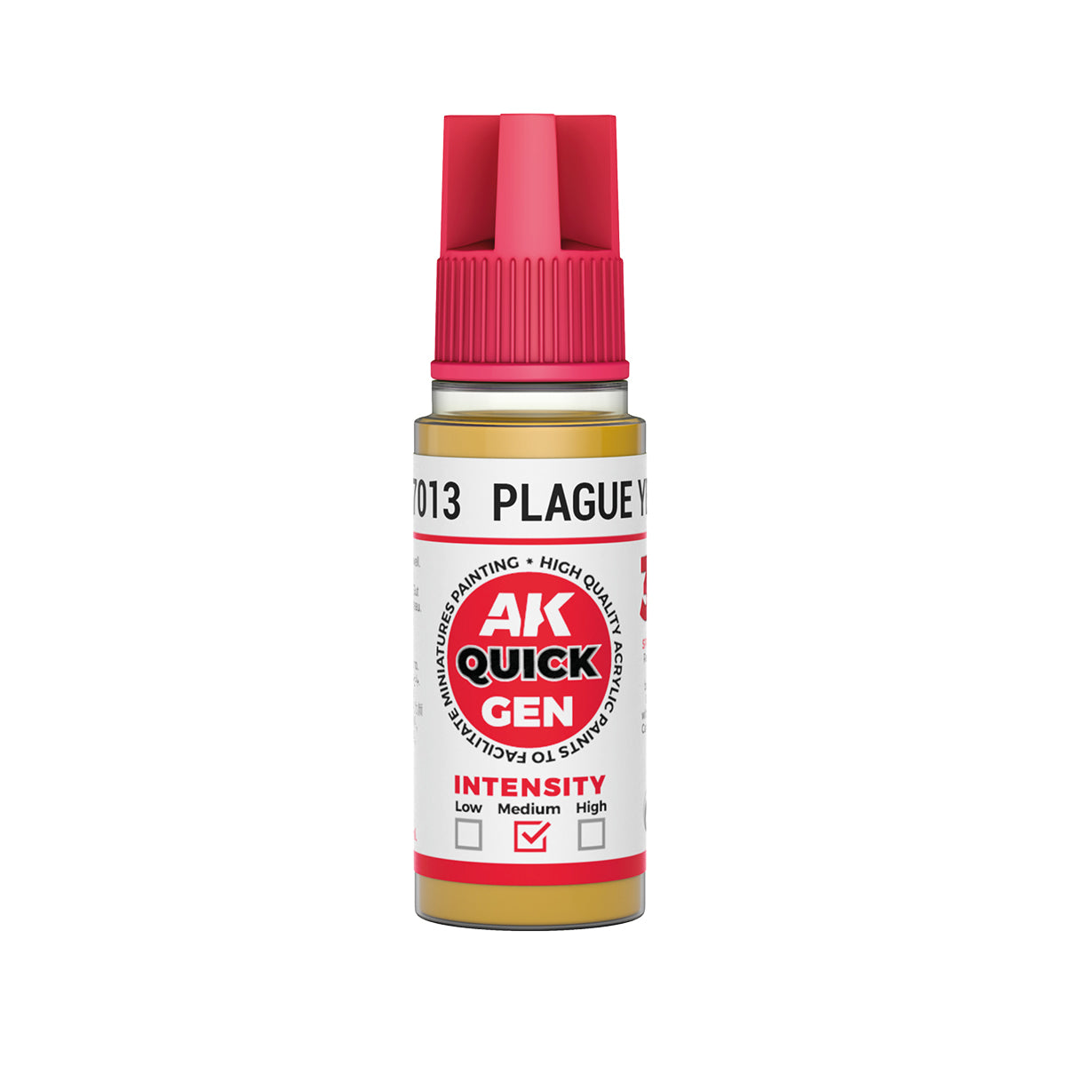 AK Interactive Quick Gen Plague Yellow 18ml bottle with sickly grim yellow paint for horror and undead effects.