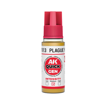 AK Interactive Quick Gen Plague Yellow 18ml bottle with sickly grim yellow paint for horror and undead effects.