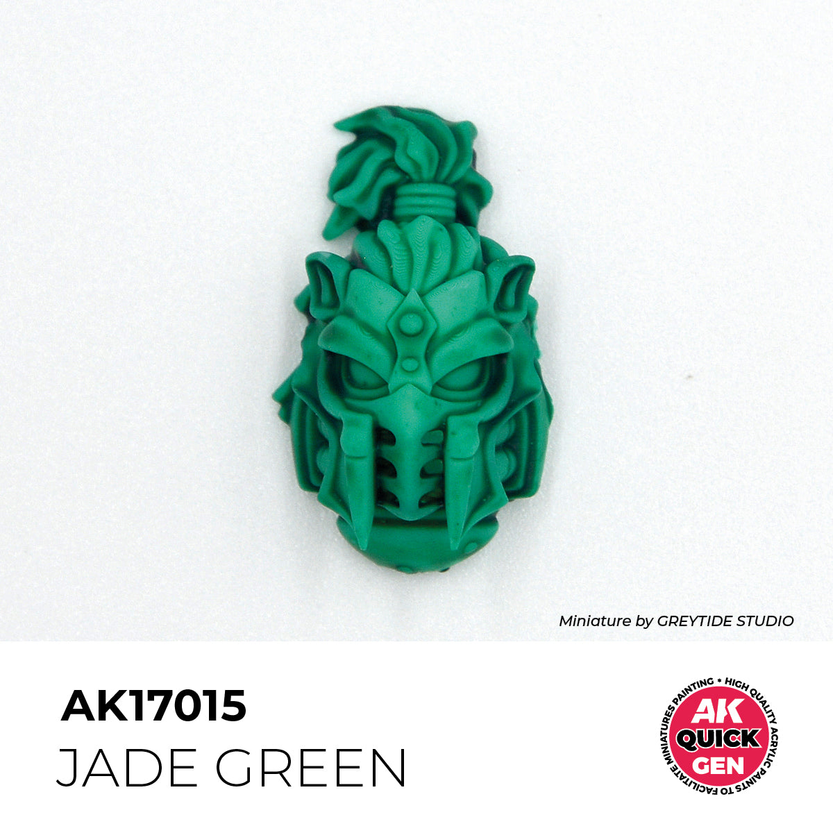 AK Interactive Quick Gen Jade Green miniature paint applied to intricate fantasy helmet with rich matte jade green finish