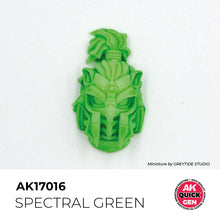 AK Interactive Quick Gen Space Green showing vibrant matte neon green miniature paint on detailed sci-fi helmet model.