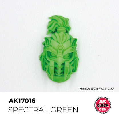 AK Interactive Quick Gen Space Green showing vibrant matte neon green miniature paint on detailed sci-fi helmet model.