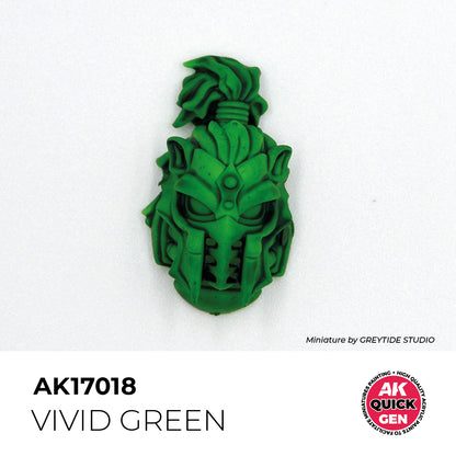 AK Interactive Quick Gen Vivid Green miniature paint showing bright, matte green used for vibrant fantasy details and terrain.