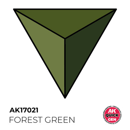 AK Interactive Quick Gen Forest Green showing rich, natural woodland tone with matte finish for miniature painting and terrain basing.