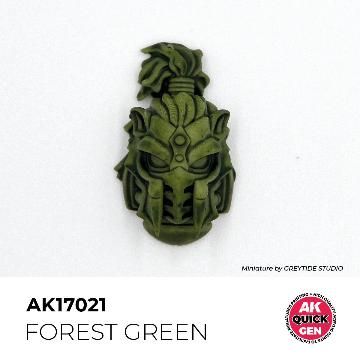 AK Interactive Quick Gen Forest Green bottle shown with an intricately painted miniature helmet in deep matte forest green shade.