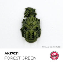 AK Interactive Quick Gen Forest Green bottle shown with an intricately painted miniature helmet in deep matte forest green shade.
