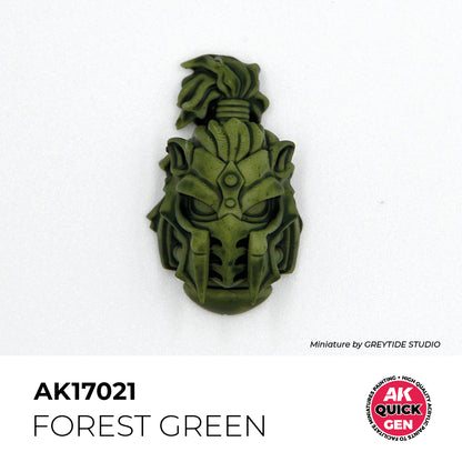 AK Interactive Quick Gen Forest Green bottle shown with an intricately painted miniature helmet in deep matte forest green shade.