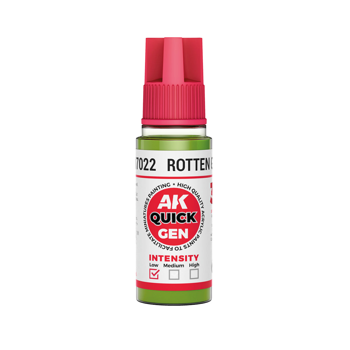 AK Interactive Quick Gen Rotten Green paint bottle with muted green tone for undead, decay, and grime effects in miniature painting.