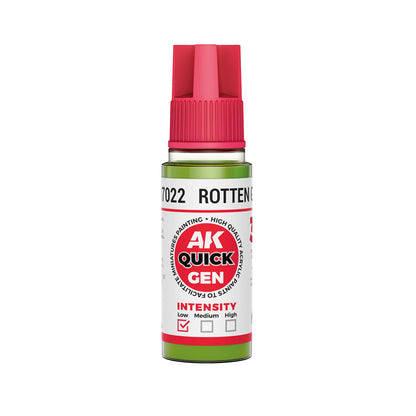 AK Interactive Quick Gen Rotten Green paint bottle with muted green tone for undead, decay, and grime effects in miniature painting.