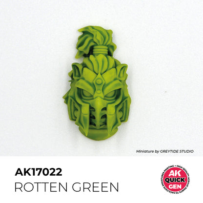 AK Interactive Quick Gen Rotten Green miniature painting demonstrating muted green decay effects and grime texture on a detailed model.