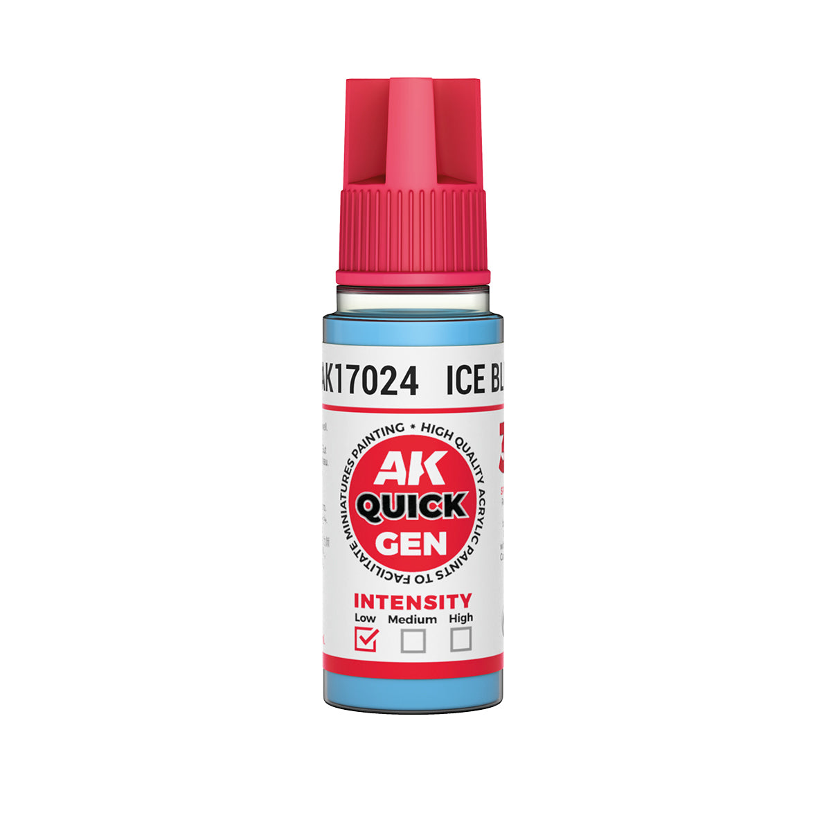 AK Interactive Quick Gen Ice Blue contrast paint in 18ml bottle for icy effects and frost magic on miniatures.