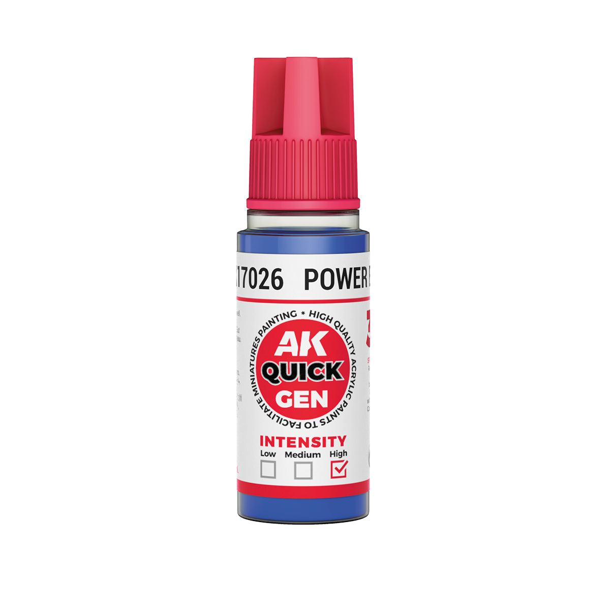 AK Interactive Quick Gen Power Blue acrylic paint bottle with high intensity, quick-drying formula for model detailing.