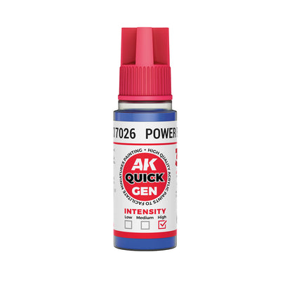AK Interactive Quick Gen Power Blue acrylic paint bottle with high intensity, quick-drying formula for model detailing.