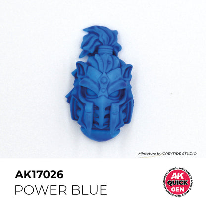 AK Interactive Quick Gen Power Blue acrylic paint showcasing vibrant blue shading on detailed miniature helmet model.