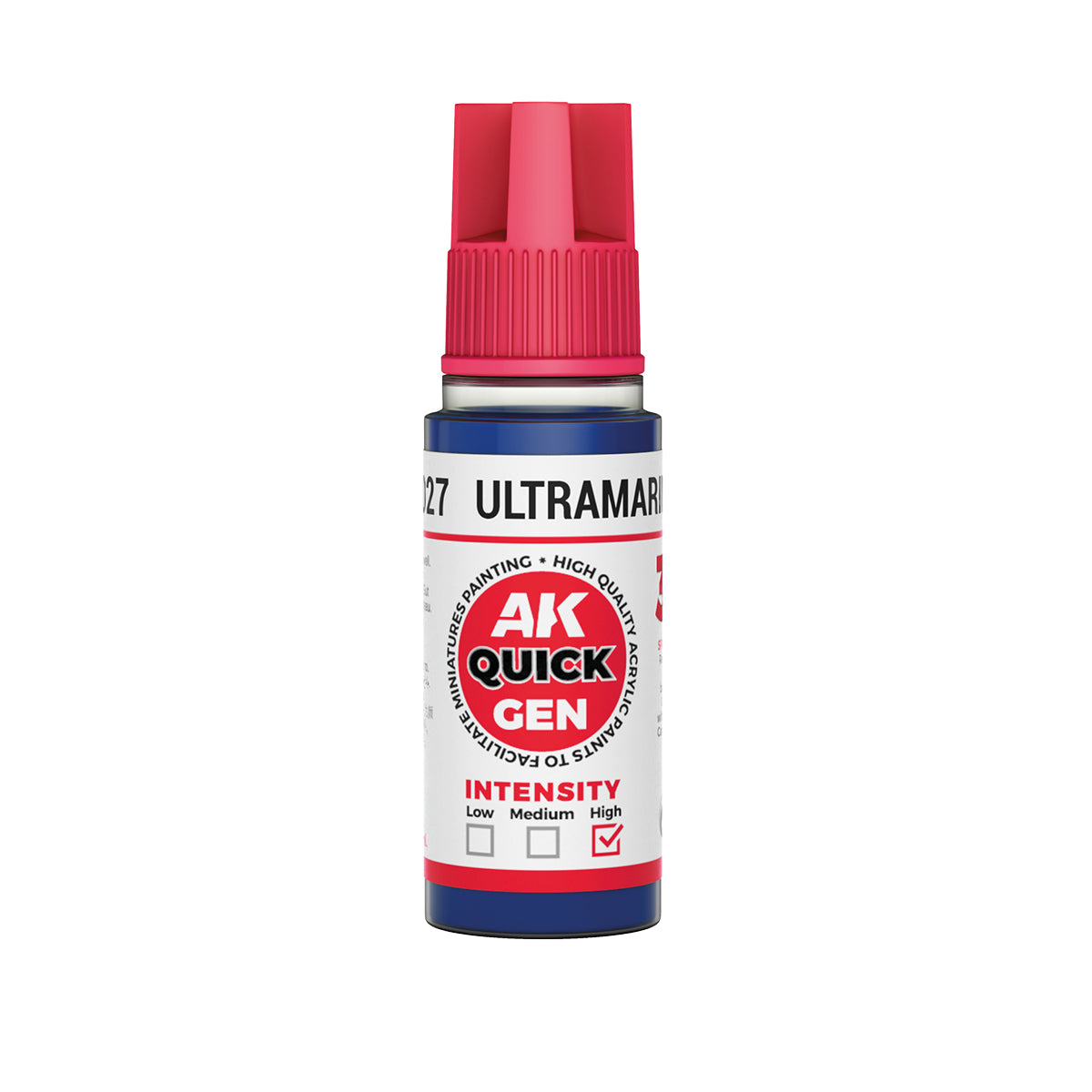 AK Interactive Quick Gen Ultramarine Blue 18ml bottle with high-intensity vibrant ultramarine pigment for modeling.