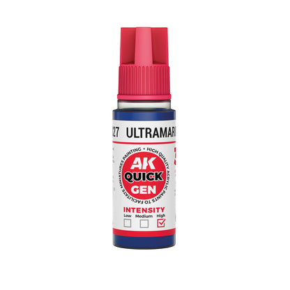 AK Interactive Quick Gen Ultramarine Blue 18ml bottle with high-intensity vibrant ultramarine pigment for modeling.