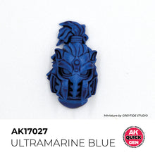 AK Interactive Quick Gen Ultramarine Blue 18ml paint showing vibrant ultramarine blue on detailed miniature helmet.