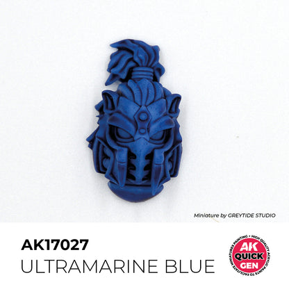 AK Interactive Quick Gen Ultramarine Blue 18ml paint showing vibrant ultramarine blue on detailed miniature helmet.