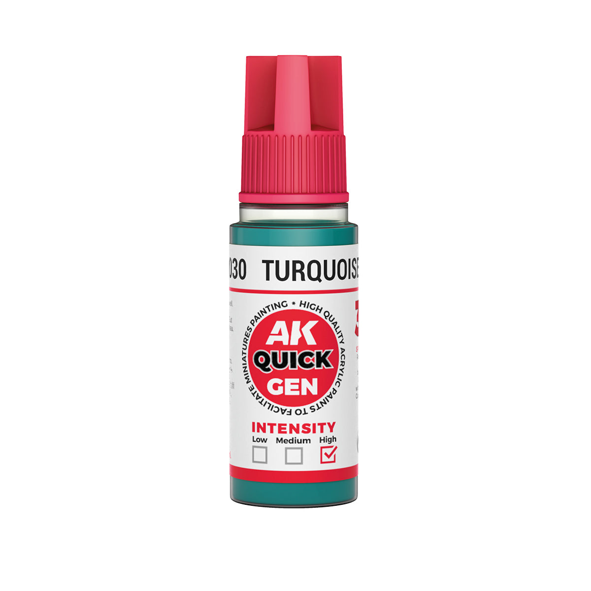AK Interactive Quick Gen Turquoise Green 18ml bottle for contrast painting with vibrant turquoise green color and high intensity.