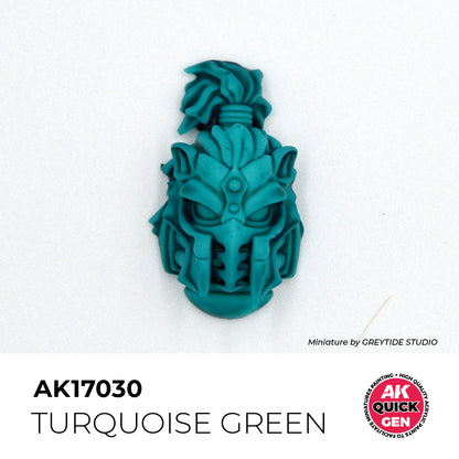 AK Interactive Quick Gen Turquoise Green miniature paint showcasing vibrant turquoise green contrast paint effects.
