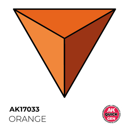 AK Interactive Quick Gen Orange 18ml bottle, vibrant matte orange paint ideal for fire, banners, and magical effects in miniatures.