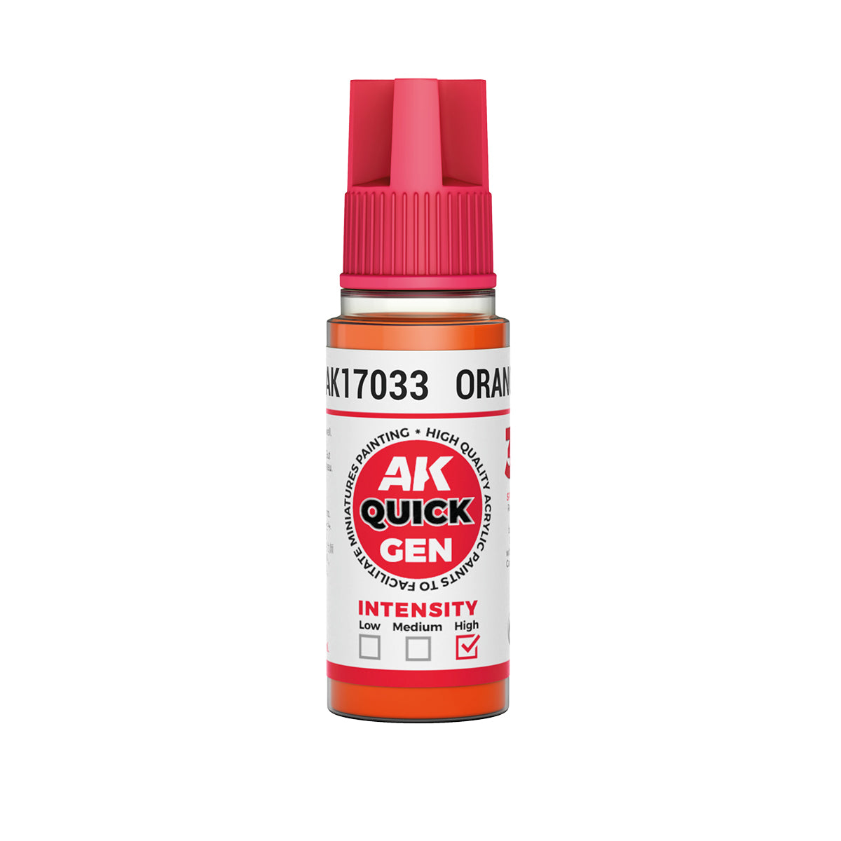 AK Interactive Quick Gen Orange 18ml bottle with bold matte orange paint ideal for flames, banners, and magical effects.