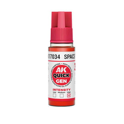 AK Interactive Quick Gen Space Red 18ml bottle with high-intensity contrast paint for sci-fi miniatures and armor details.